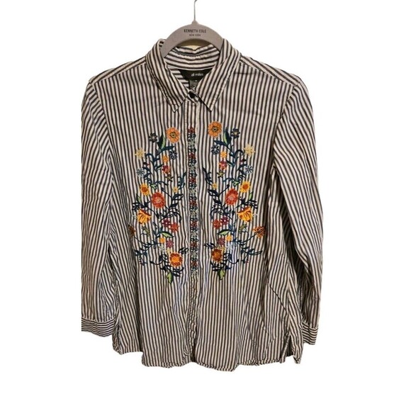 Ali Miles Blue Stripped Embroidered Womem's Size Medium Floral Blouse Cottage... - Picture 1 of 6
